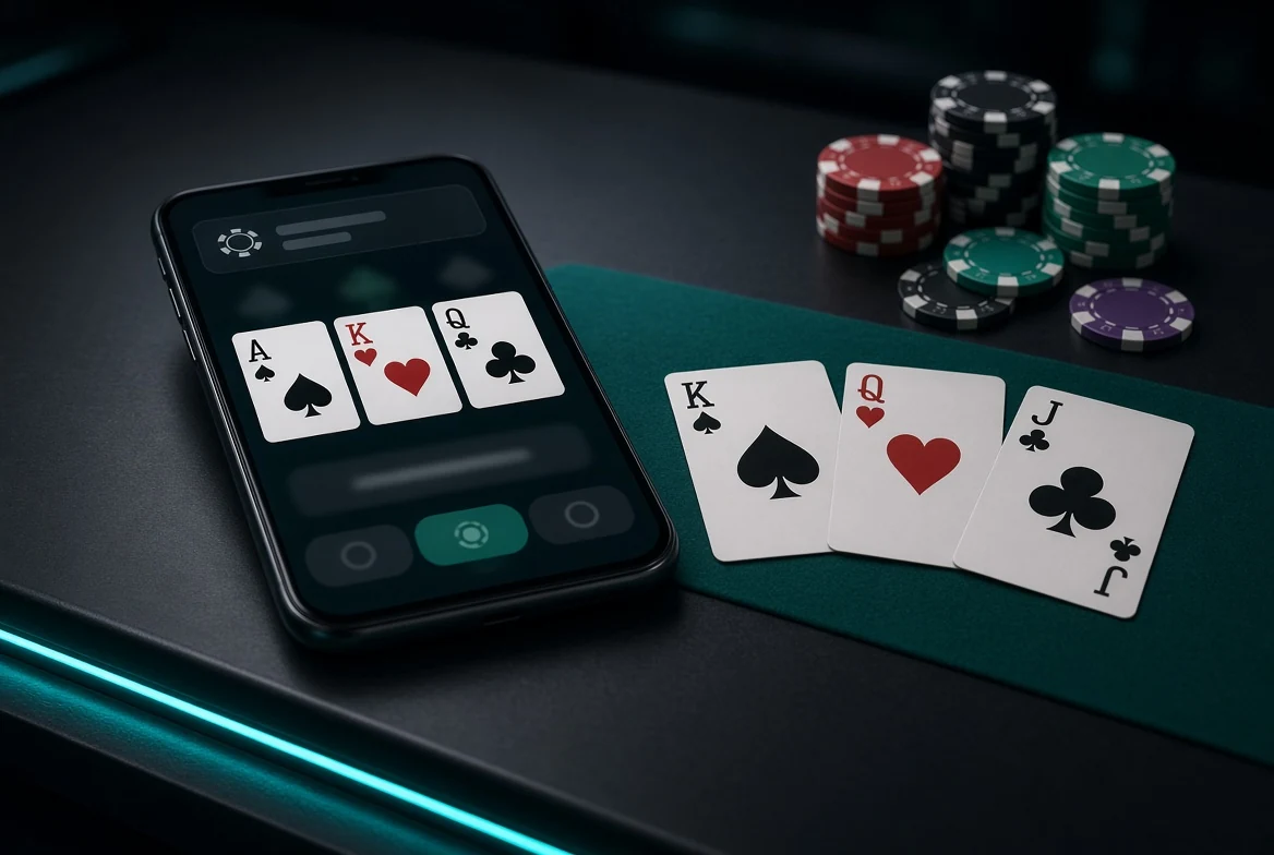Smartphone showing an online Teen Patti table next to cards and chips