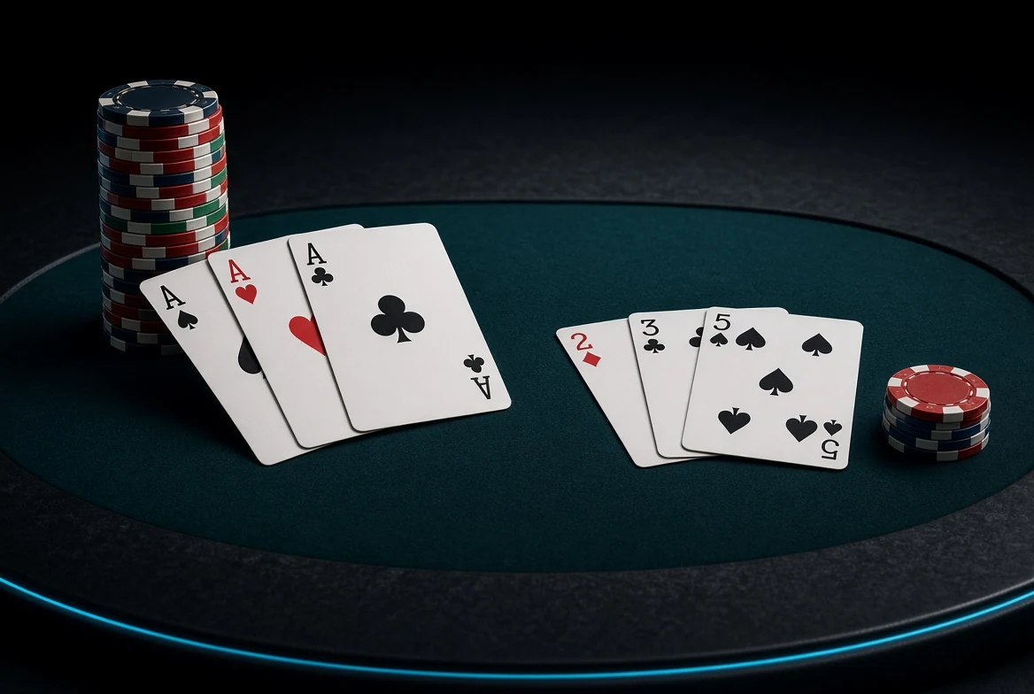Teen Patti trail of aces compared with a weak 2-3-5 high-card hand
