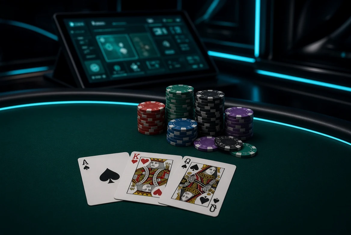 Wide dark online casino table with Teen Patti cards, pot chips and a glowing screen