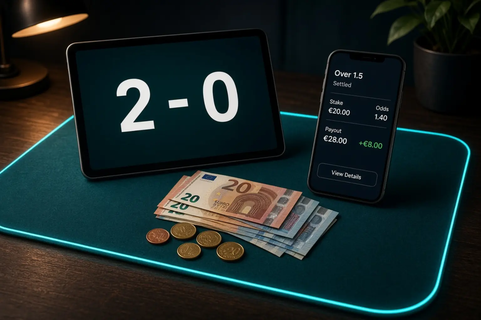 Match score 2-0 on a tablet next to a settled Over 1.5 slip and euro notes