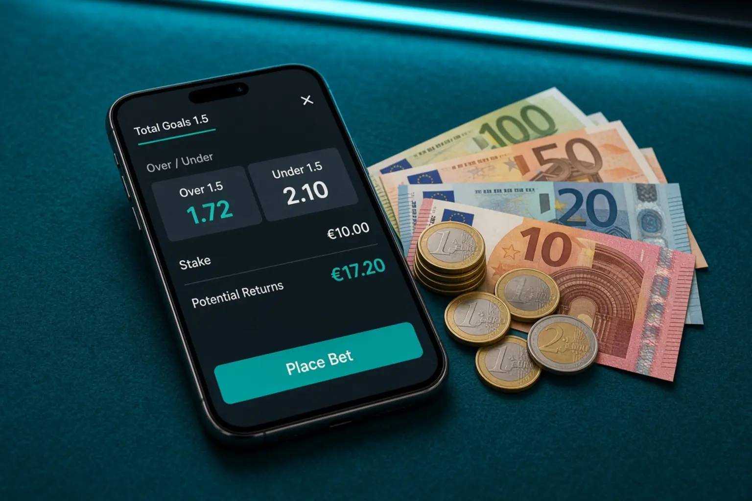 Phone showing an Over 1.5 market beside euro notes and coins