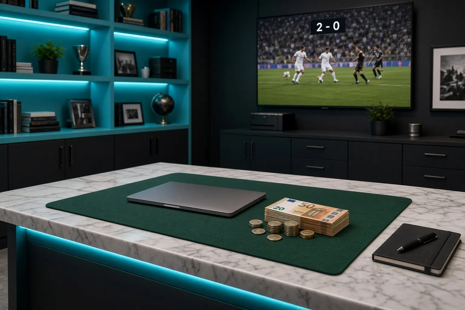 TV showing a 2-0 football match above a desk with euro winnings