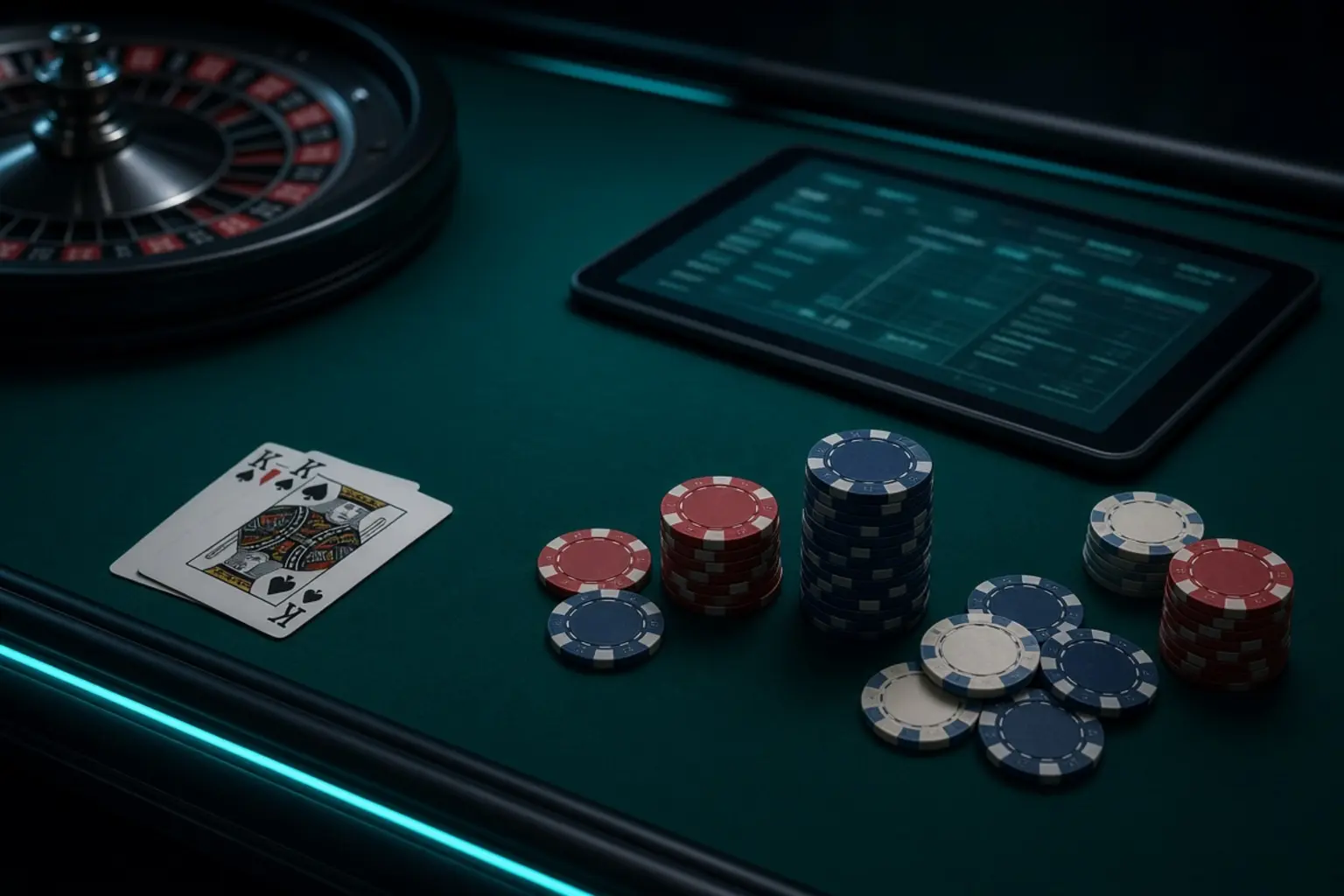 Teal felt table with roulette, king cards, mixed chips and a tablet under cyan edge lighting