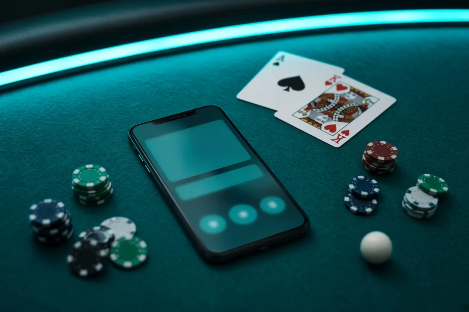 Smartphone on teal felt beside cards, chips and a roulette ball with cyan rail lighting