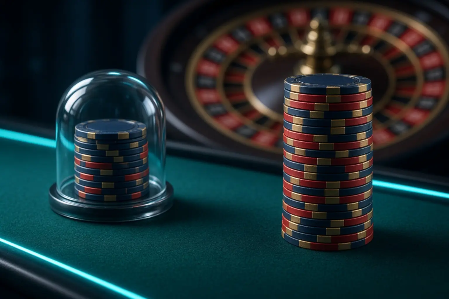 Short chip stack under glass versus a taller stack in front of a roulette wheel