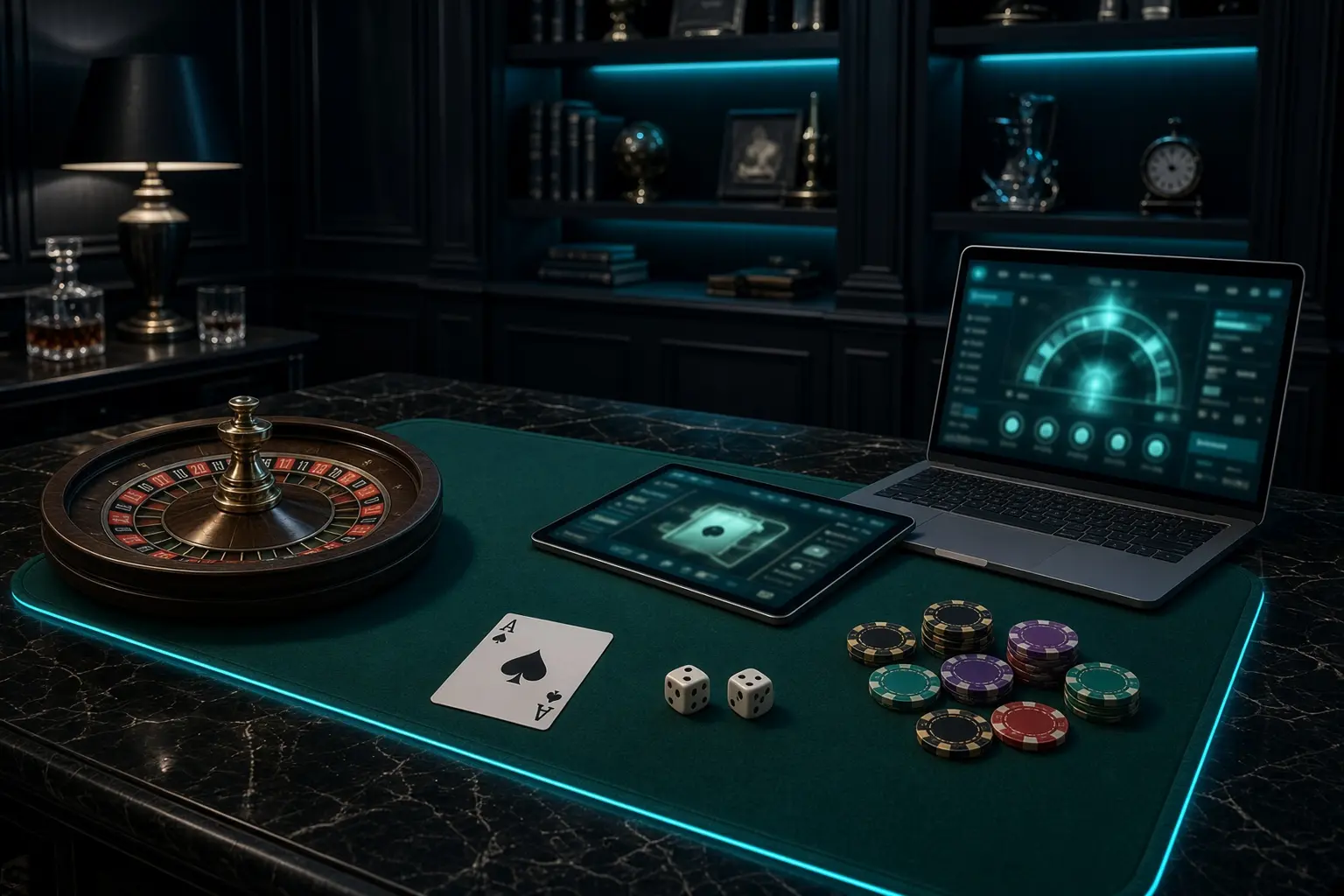 Dark study desk with roulette, tablet, laptop, ace, dice and chips on a cyan-edged felt runner