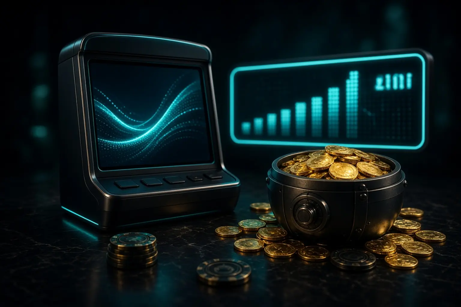 Dark online casino scene with a glowing jackpot meter, coins and chips