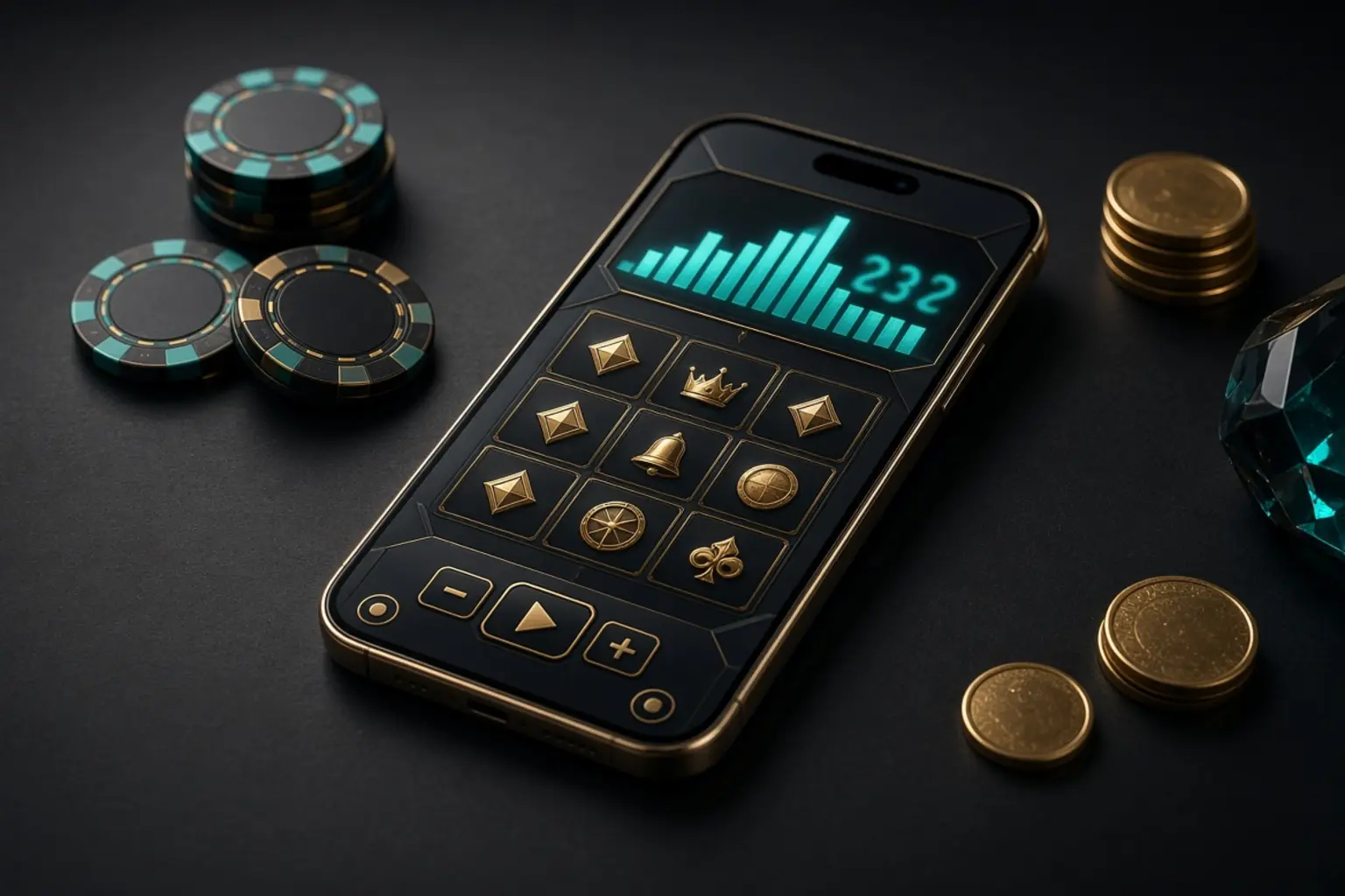Smartphone with an unbranded jackpot slot screen beside chips and coins