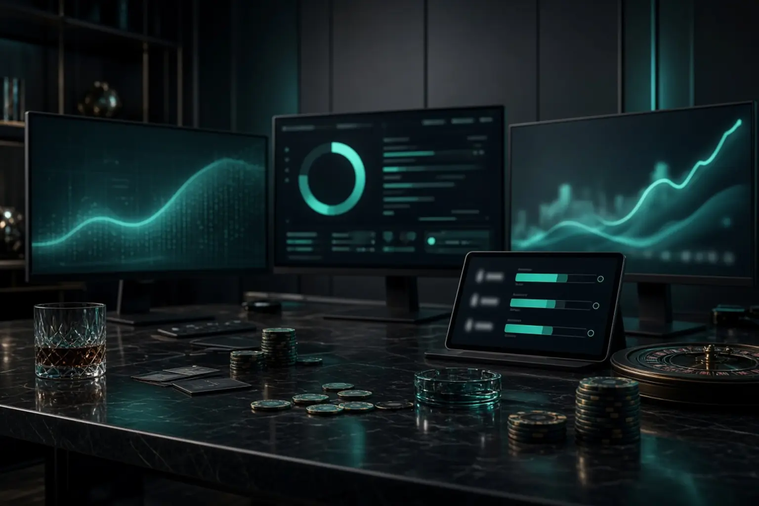 Wide dark desk with several screens showing rising jackpot meters and chips