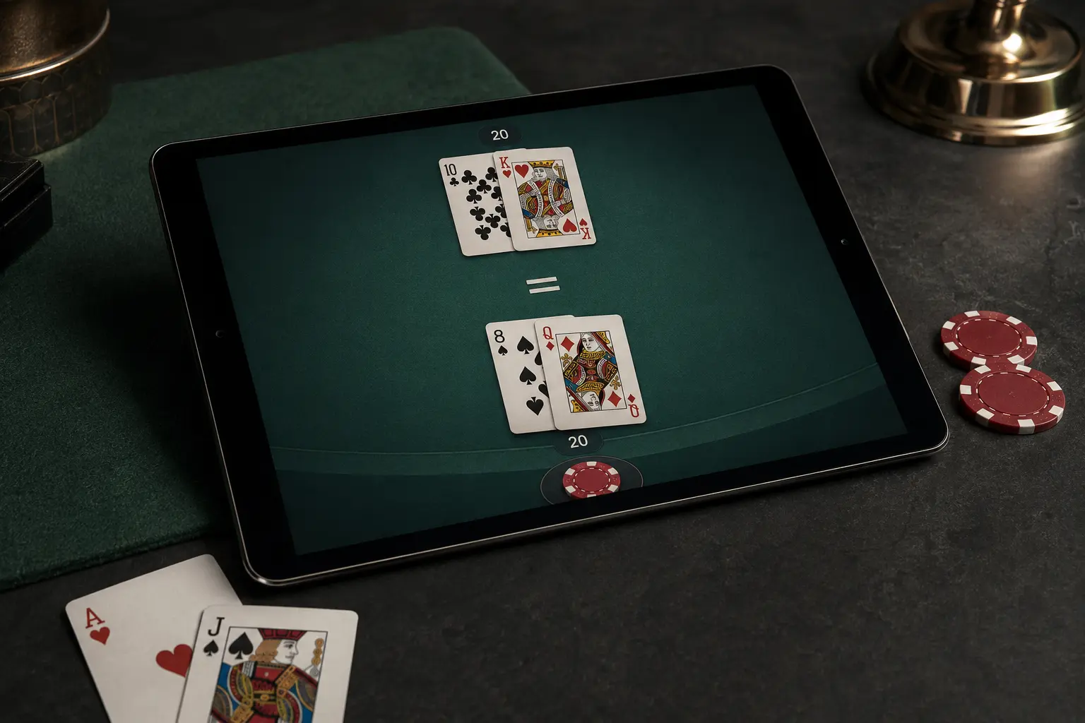 Online blackjack game showing equal player and dealer totals of 20