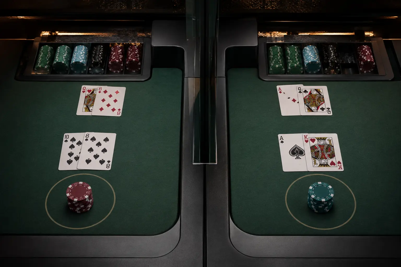 Regular tied totals and matching natural blackjacks on separate tables