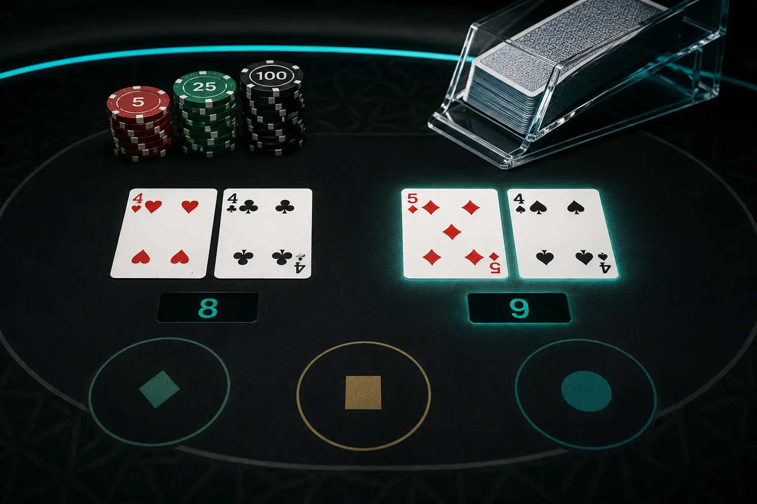 Baccarat hand showing how a total of fifteen becomes five
