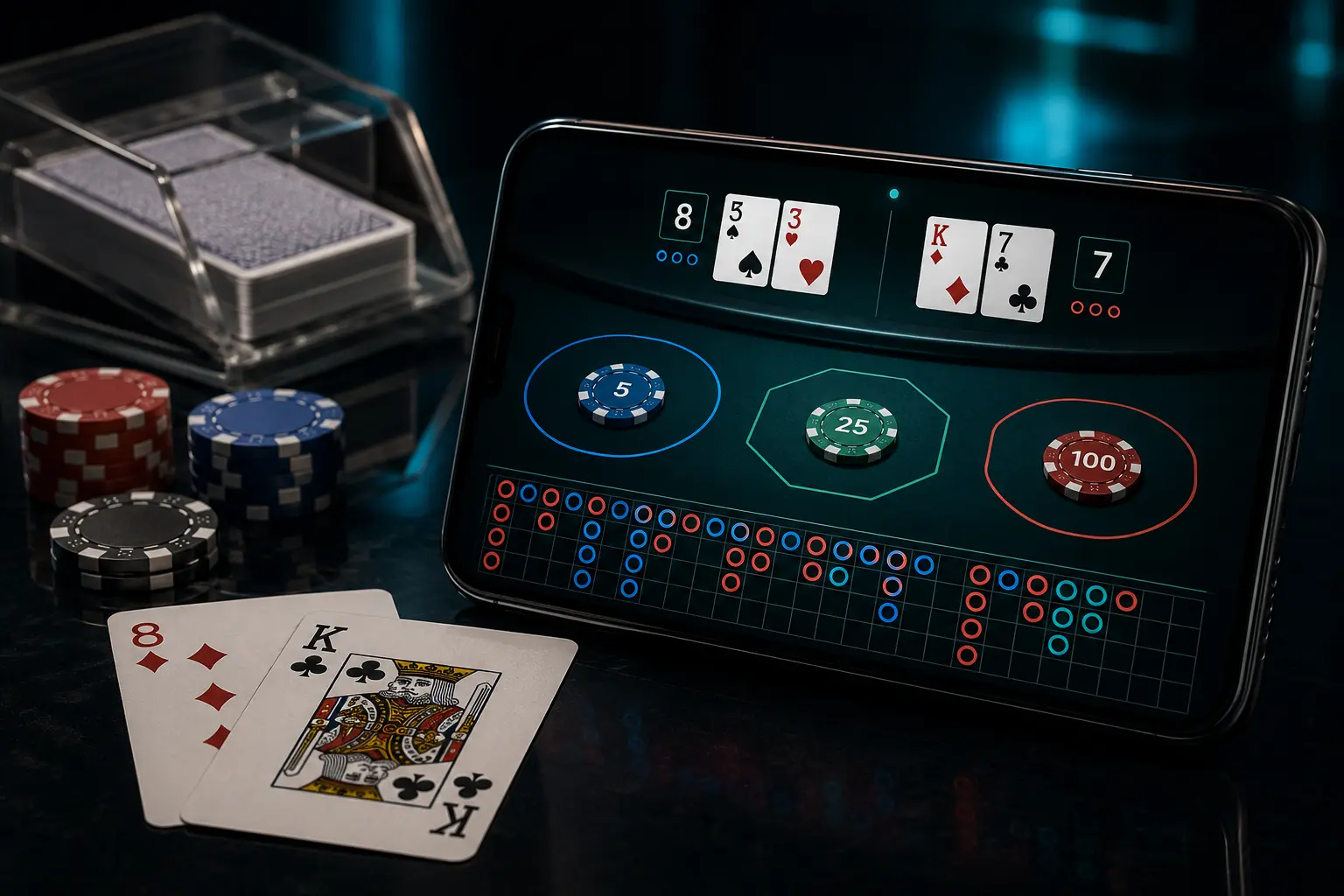 Mobile online baccarat interface with betting zones and result road map