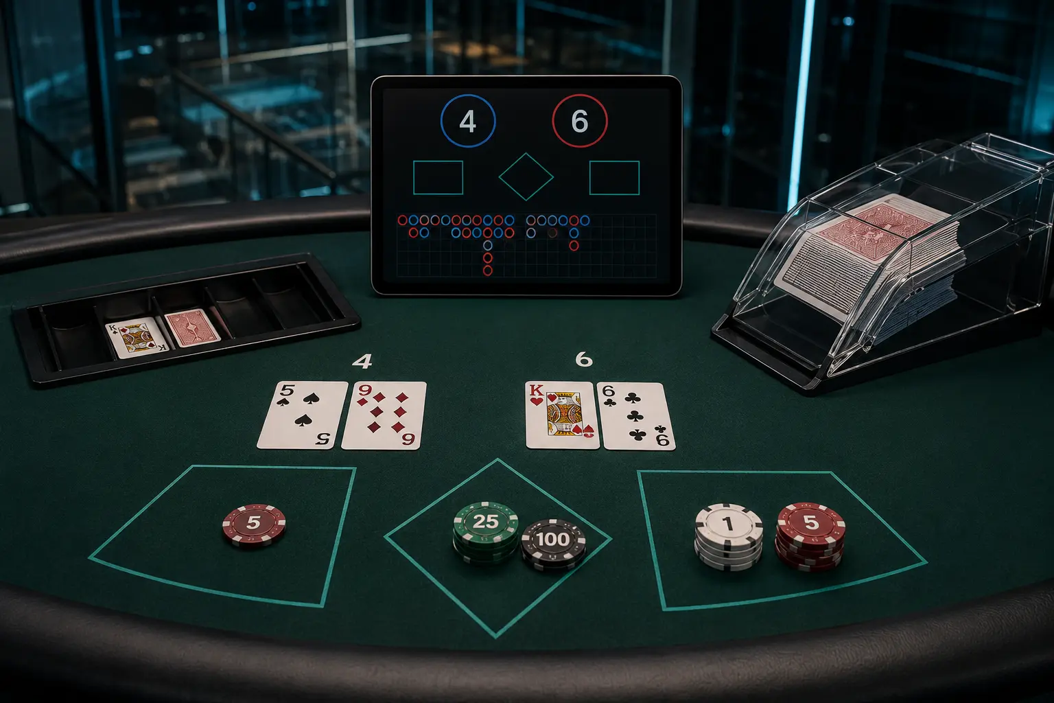 Premium online baccarat table with card shoe and digital result history