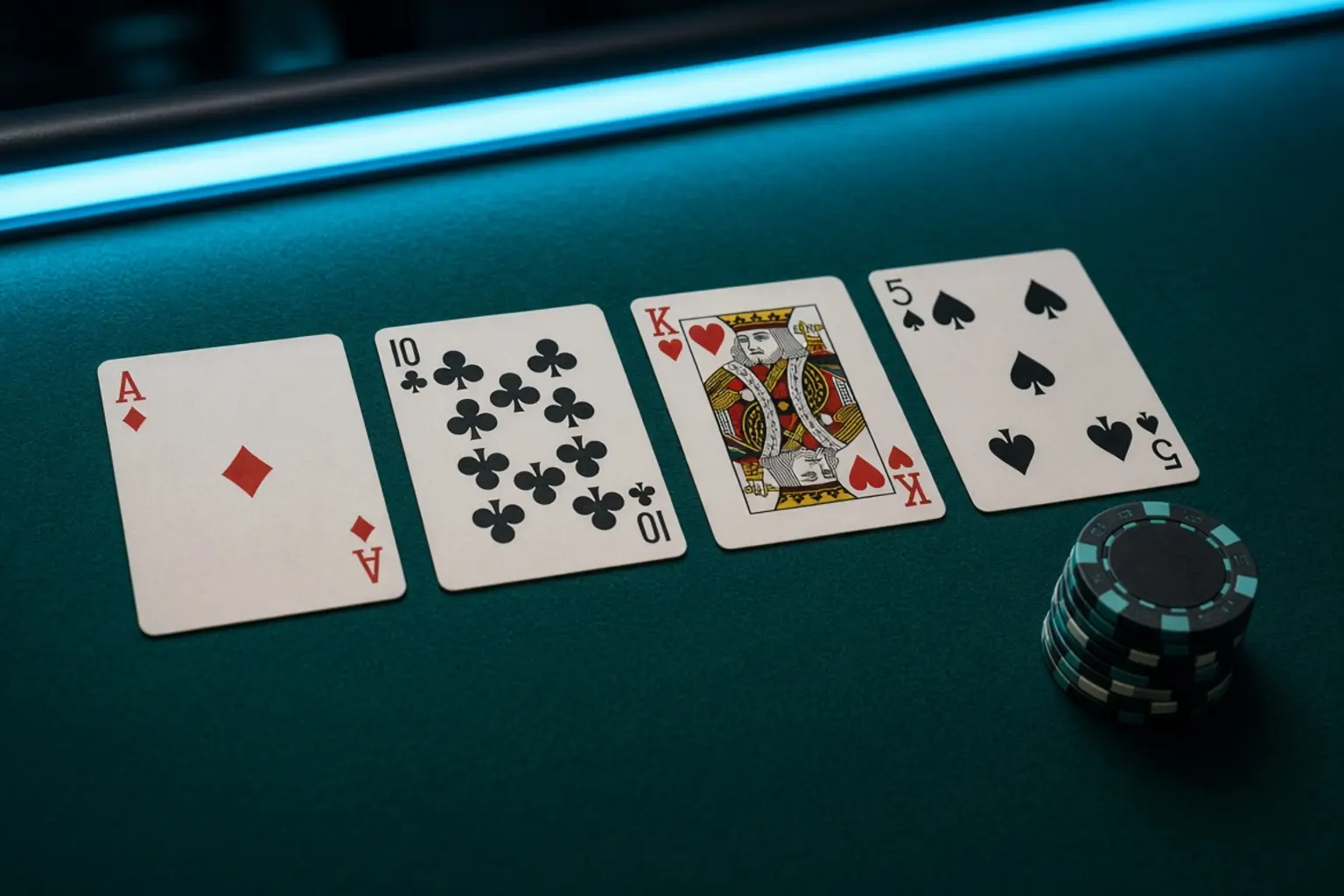 Ace, ten, king and five showing blackjack card values on felt