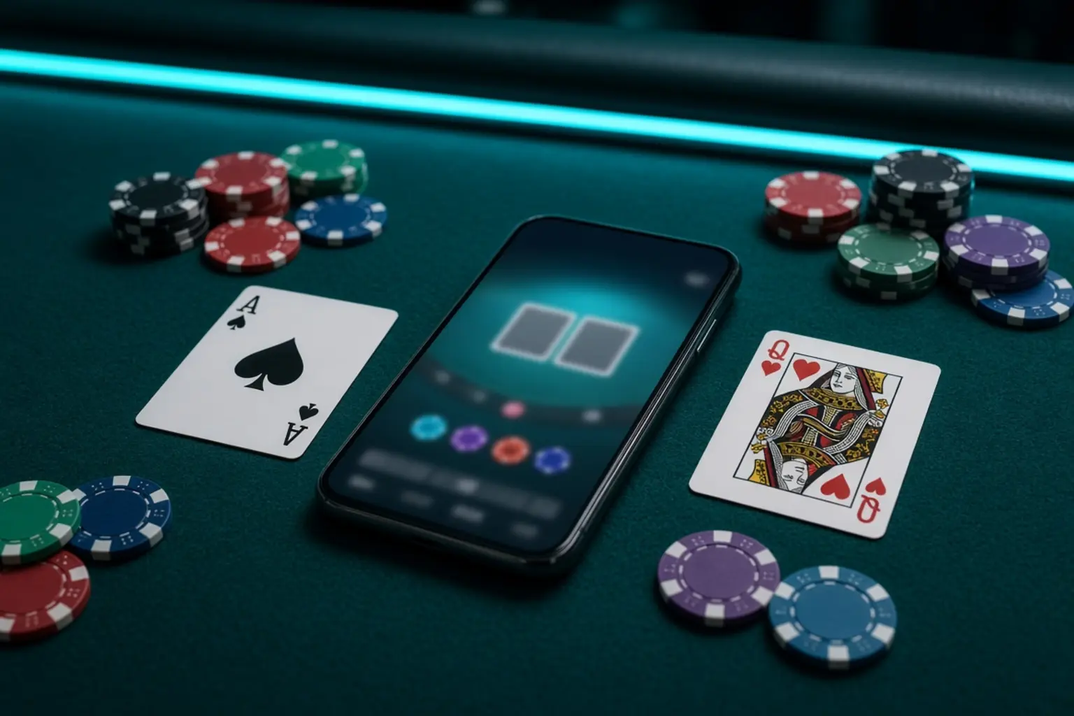 Smartphone with a blurred blackjack table between face-up cards and chips