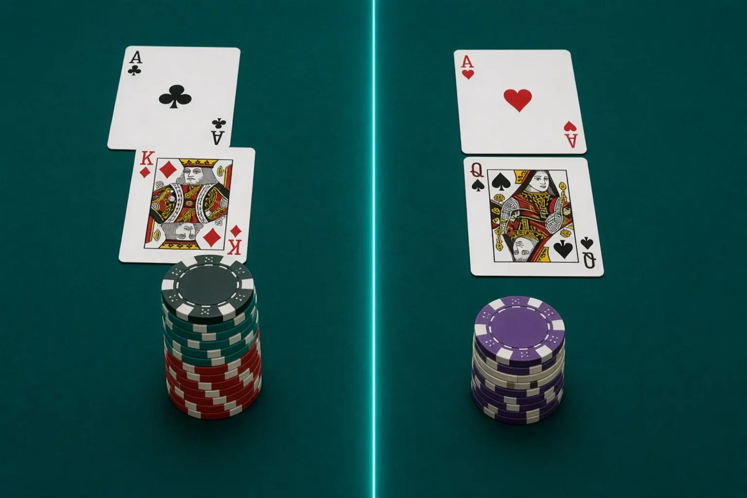 Two blackjack hands with a taller chip stack versus a shorter payout stack