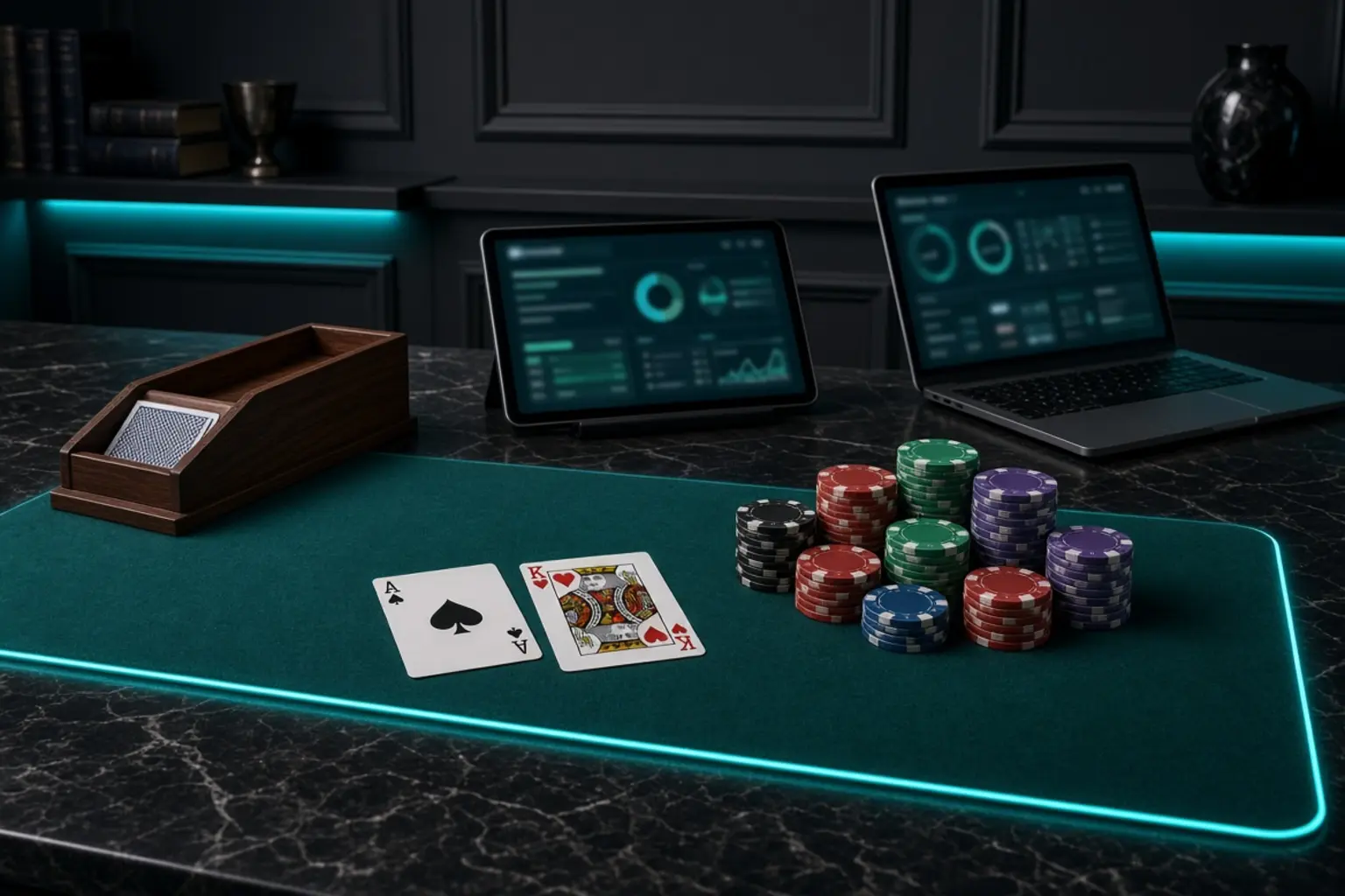 Wide desk with a blackjack deal, shoe, chips and screens on cyan-edged felt