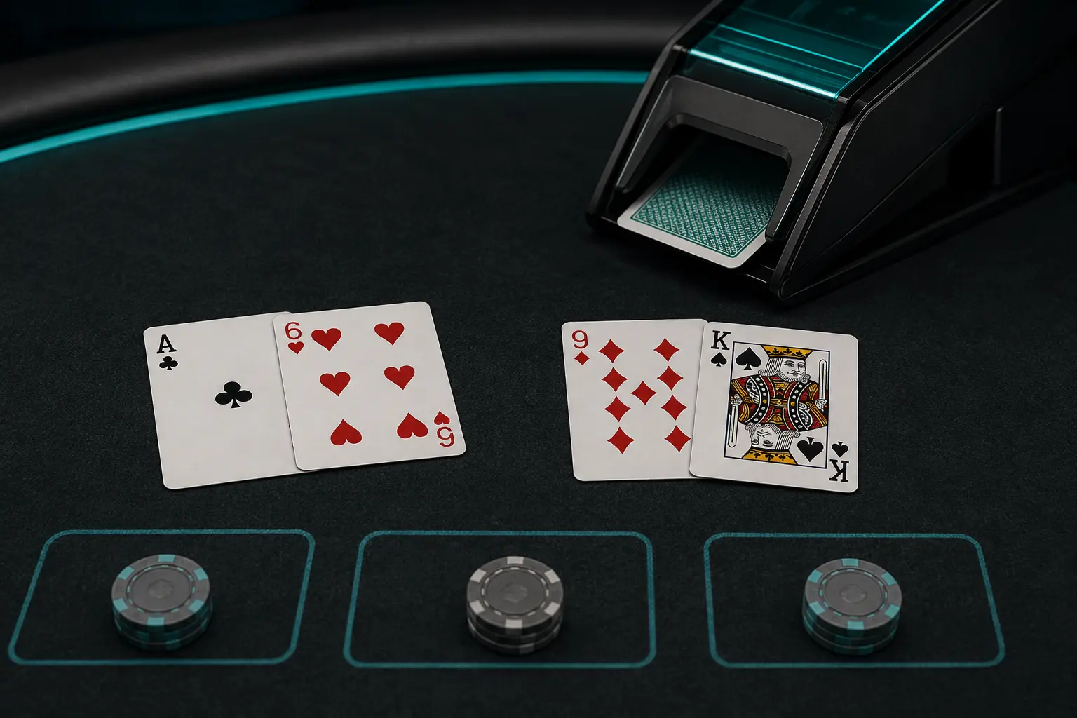 Two mini baccarat hands dealt from a compact card shoe