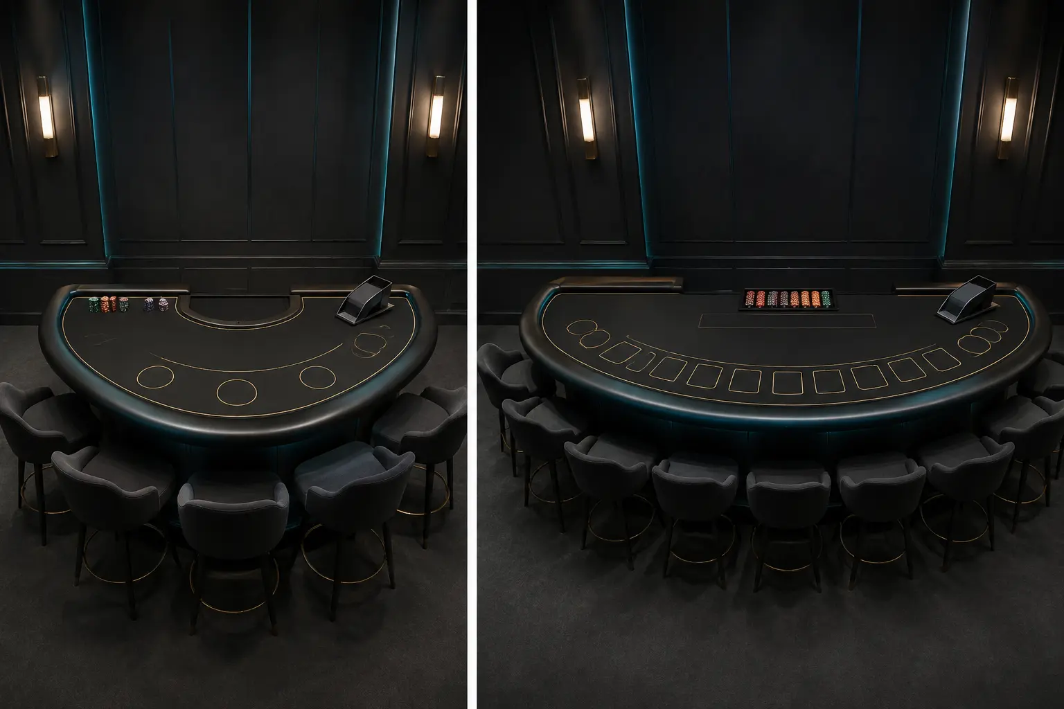 Compact mini baccarat table compared with a full-size baccarat table