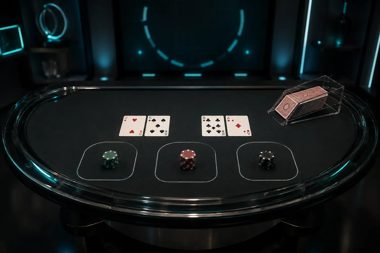 Wide online mini baccarat table with two resolved hands and wagers
