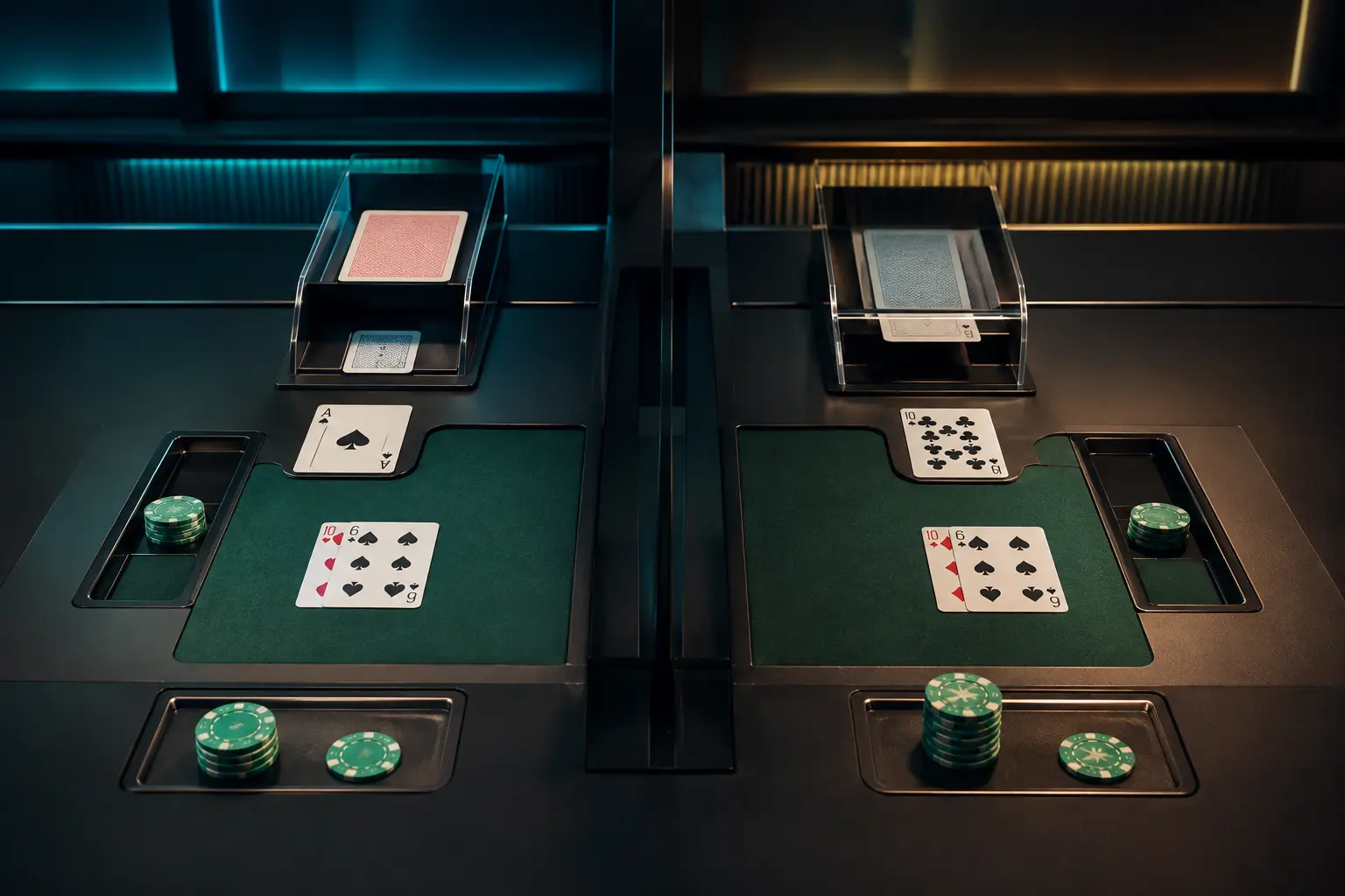 Separate blackjack tables illustrating early and late surrender situations