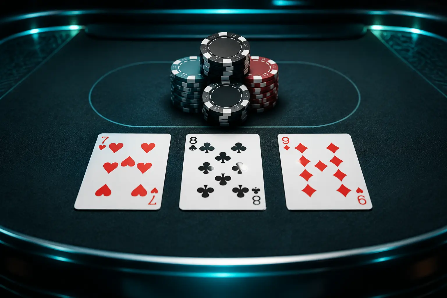 Three-card Teen Patti hand with chips on a dark online casino table