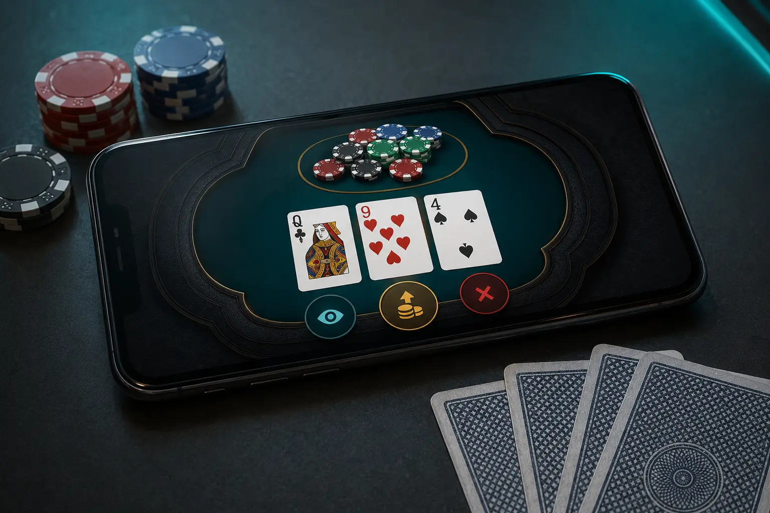 Online Teen Patti three-card game displayed on a mobile phone