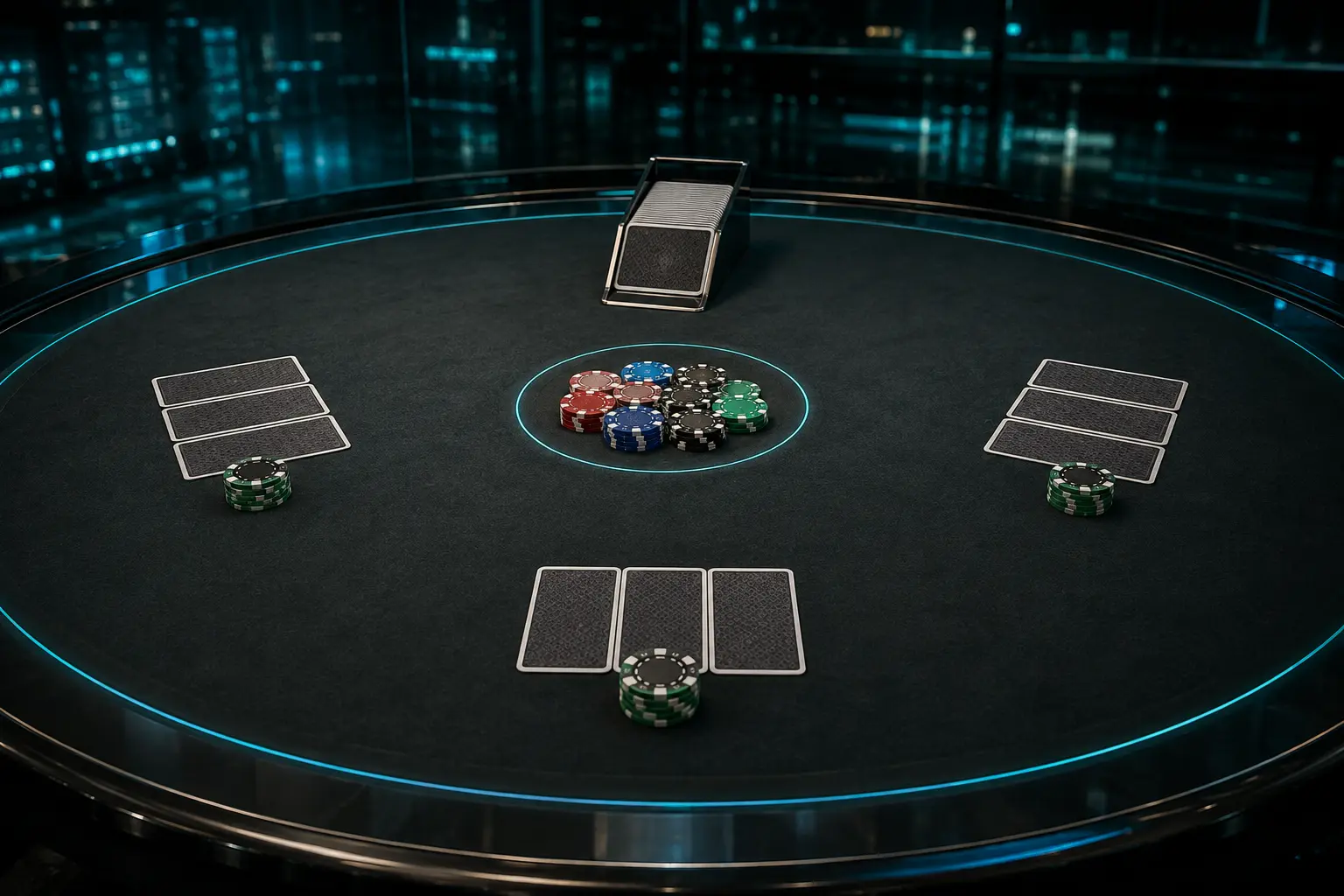 Wide online Teen Patti table with three player positions and central pot