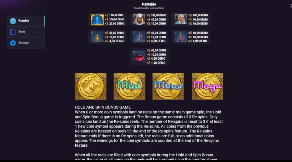 how to play Royal Emirates Hold and Spin slot game