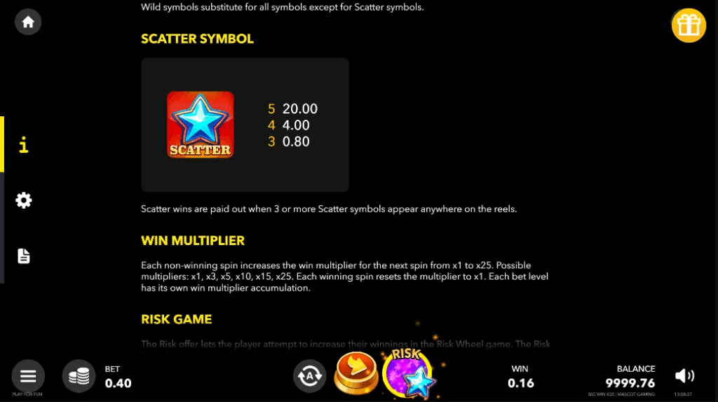 Big Win X25 slot features and rtp