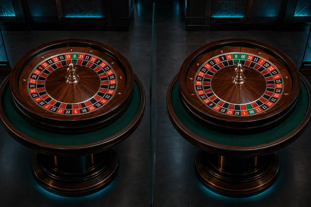 European and American roulette wheels with 0, 00 and 36 pockets