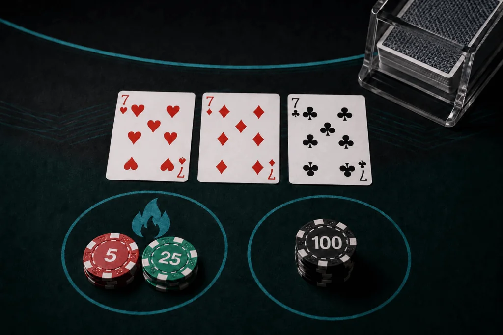 Three sevens of different suits with a separate Hot 3 blackjack side bet
