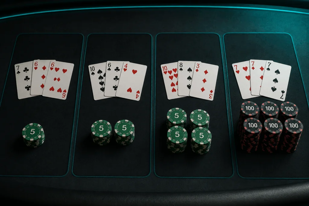 Hot 3 blackjack payout tiers from totals of 19 to three suited sevens