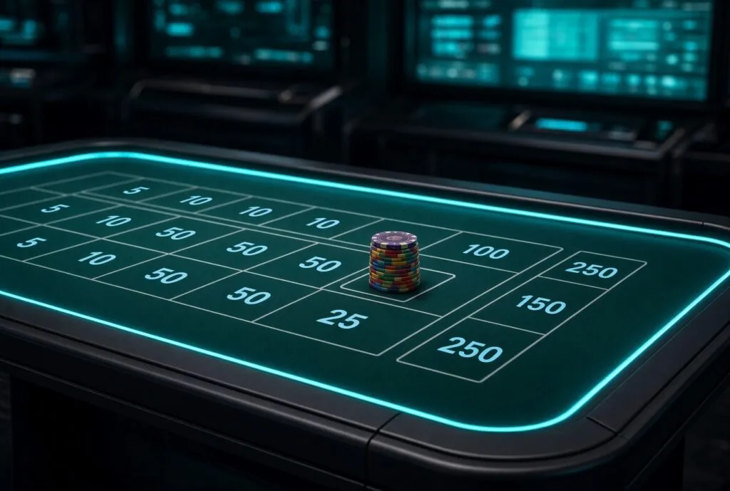 Wide casino table with one bet on the layout