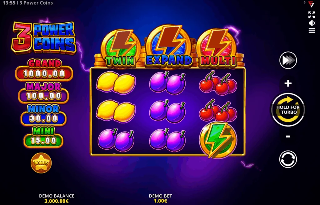 3 Power Coins Running Wins slot game screenshot