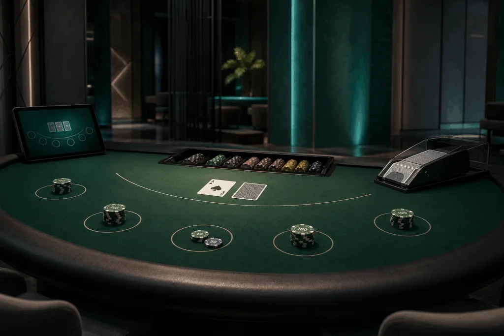 Premium blackjack table with dealer Ace and insurance betting line