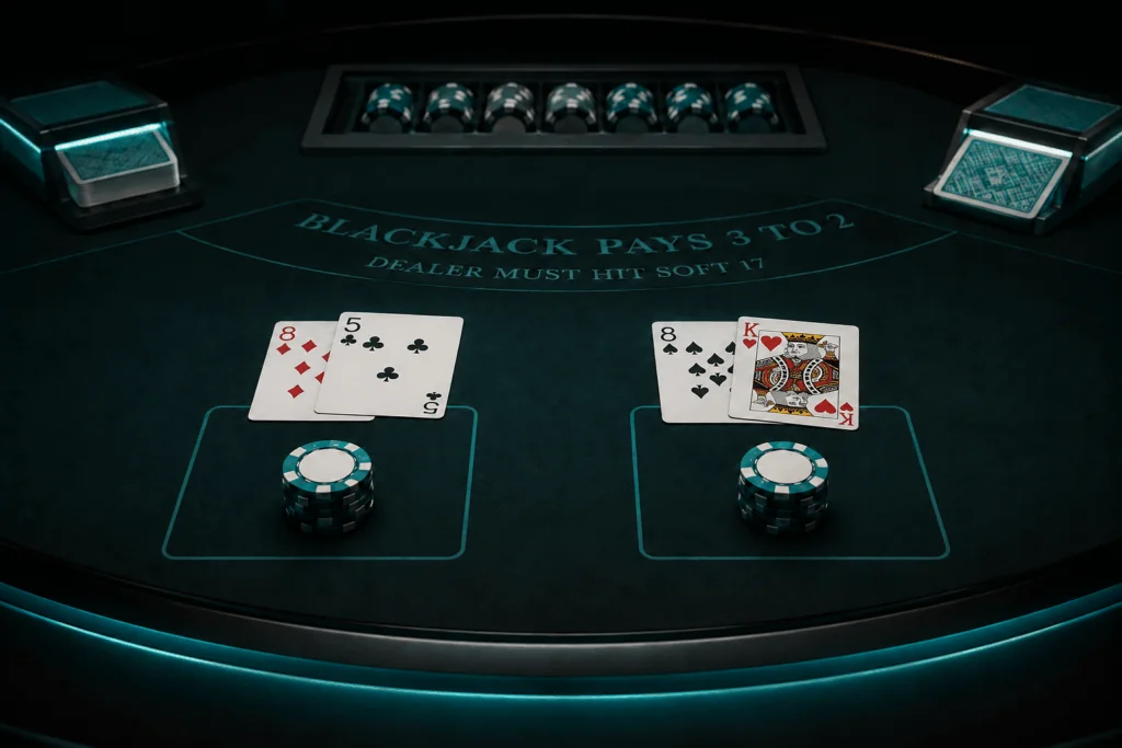 Pair of eights split into two blackjack hands with equal chip bets