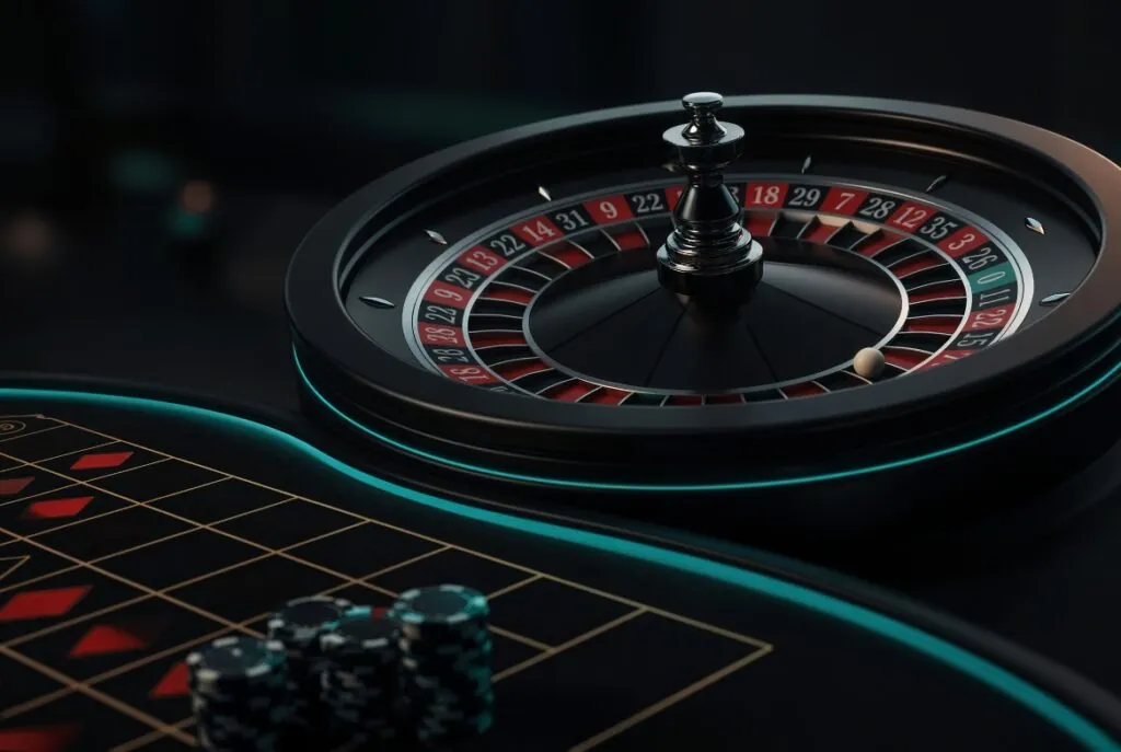 Premium dark roulette wheel and betting layout in an online casino setting