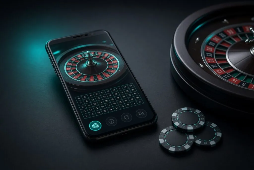 Smartphone displaying a clean roulette interface next to a physical wheel and chips