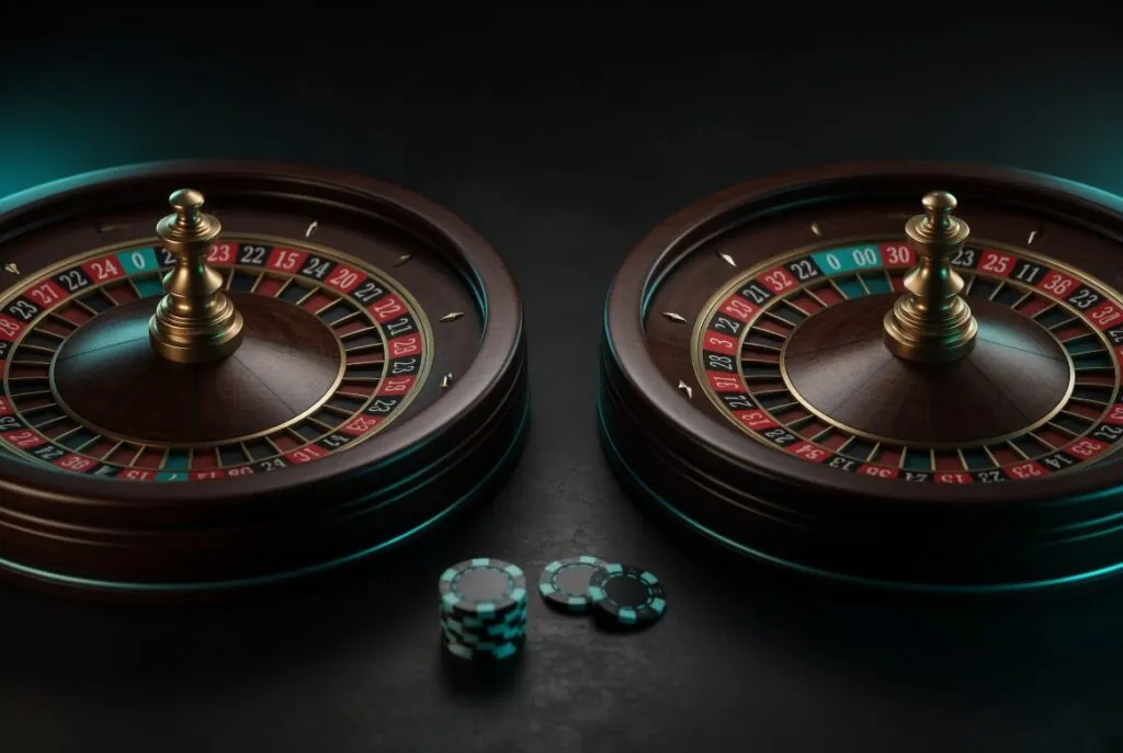 Roulette wheels showing single-zero and double-zero layouts side by side