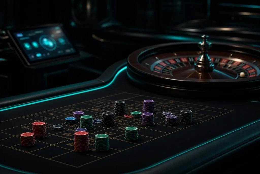 Wide premium roulette table with betting zones, chips and subtle digital lighting